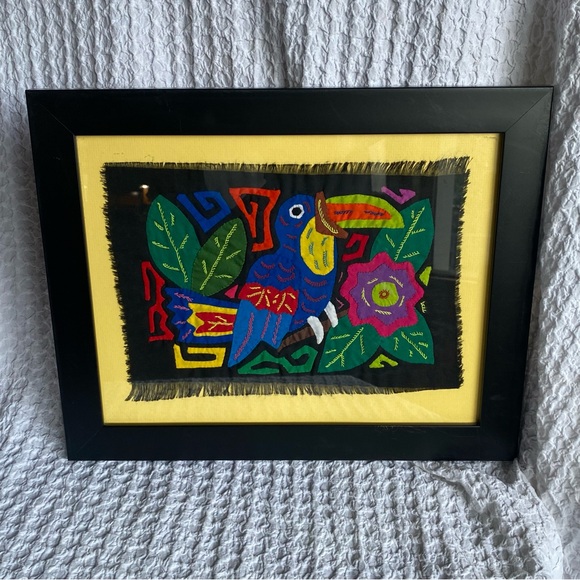 Vintage Mola Molita Kuna Framed Textile Fiber Art South American parrot folk art - Picture 9 of 9